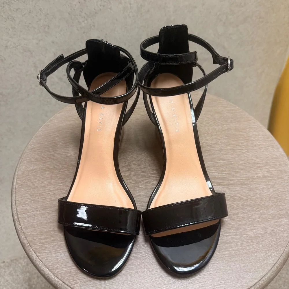 Kelly & Katie 10 Womens Black Classic Patent Wedge Double Ankle Strap Sandal
